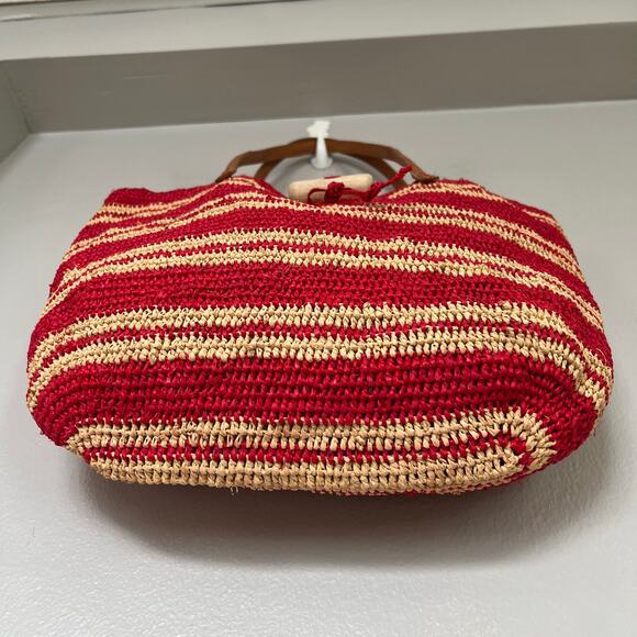 Mar Y Sol Woven Tote Straw Crochet Bag Natural Raffia Handmade Red Tan Striped - Picture 6 of 12